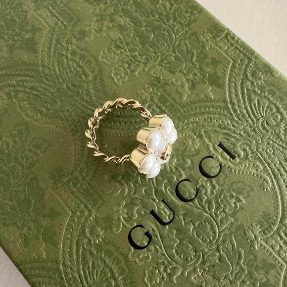 NEW GUCCI Ring Pearl Double G GG Logo Gold Sz L 100% Authentic - Picture 4 of 9